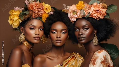 Three women with floral headpieces and elegant makeup posing against a brown background. photo