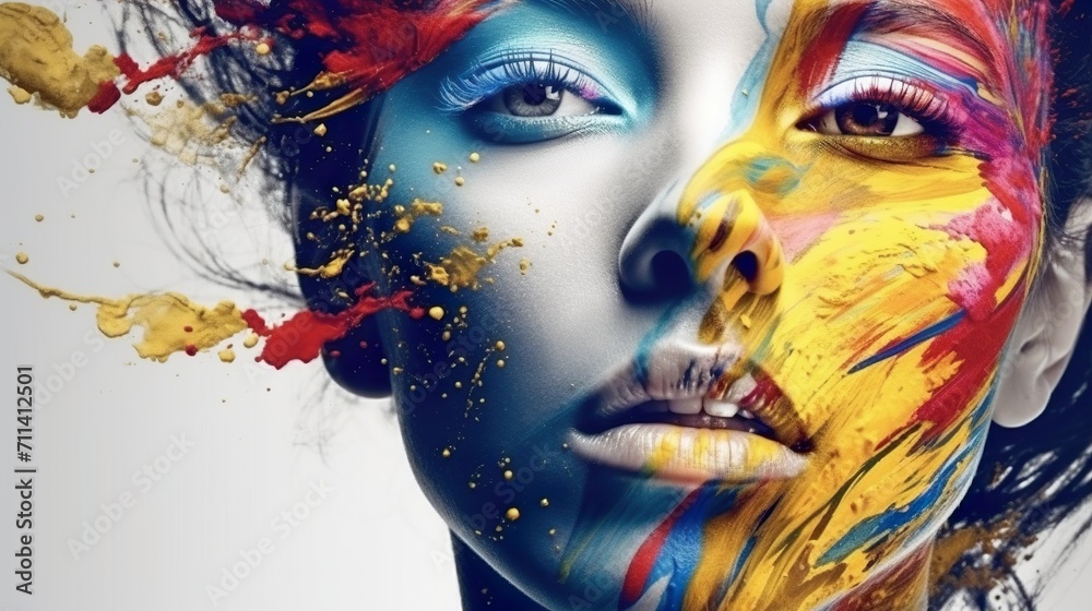 Artistic portrait of a woman with vibrant paint splashes on her face, symbolizing creativity and beauty in art. Artistic portrait of a woman with vibrant paint splashes on her face, symbolizing creativity and beauty in art.