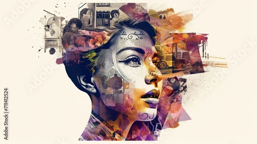 Abstract artistic portrait with vibrant watercolor splashes and geometric patterns overlaying a woman's face.