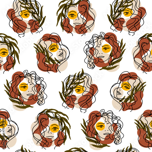 Trend seamless pattern with portraits of women with palm leaves and abstract terracotta, beige and yellow spots. Hand drawn minimalistic lines. Isolated vector illustration ideal for textile, fabric.