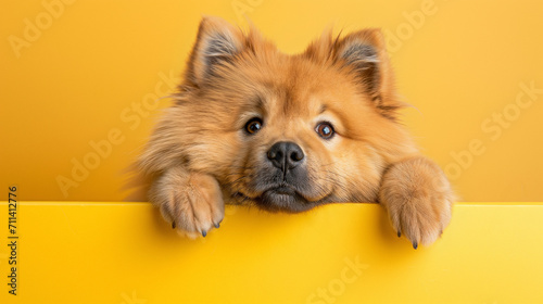 Fluffy Chow Chow dog peeking over a yellow surface with wide, endearing eyes and a soft, golden coat.
