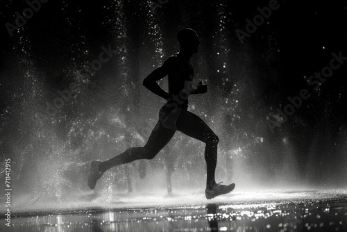An athlete runs alone in the rain at night. An active lifestyle