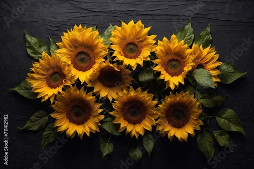 sunflowers set on dark wooden backdrop, copy space