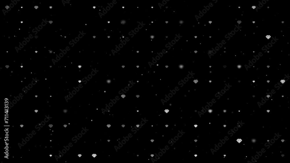 Template animation of evenly spaced diamond symbols of different sizes and opacity. Animation of transparency and size. Seamless looped 4k animation on black background with stars Template animation of evenly spaced diamond symbols of different sizes and opacity. Animation of transparency and size. Seamless looped 4k animation on black background with stars
