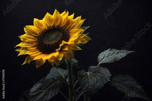 sunflower on black, dark backdrop, copy space