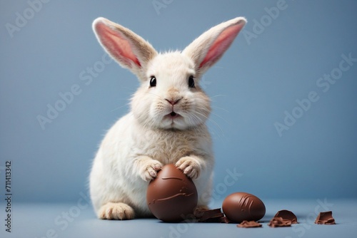 easter bunny with easter eggs, white rabbit, blue background