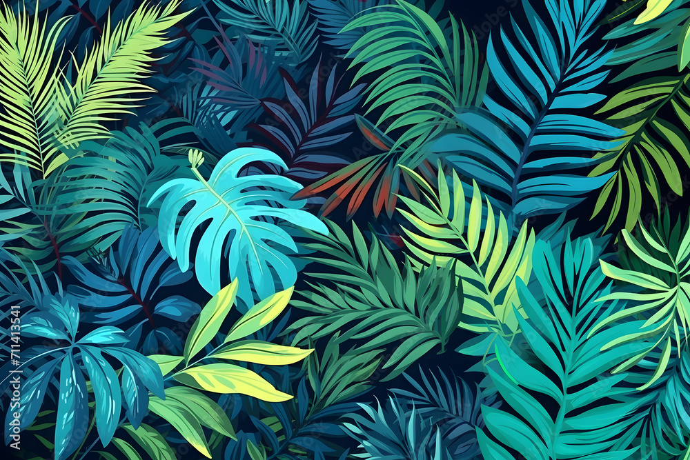 Colorful tropical leaves and flowers. unusual design of colorful vegetation Colorful tropical leaves and flowers. unusual design of colorful vegetation