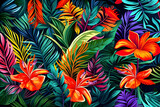 Colorful tropical leaves and flowers. unusual design of colorful vegetation