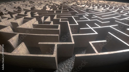 Maze Background. Huge Mysterious labyrinth. Circular maze. Labyrinth entrance. Challenge and problems concept. 3D Animation 4K photo