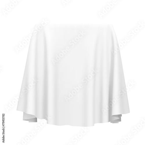 White fabric covering a cube or rectangular shape, isolated on white background. Can be used as a stand for product display, draped table. Vector illustration
