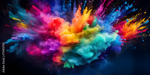 An explosion of holi colors. explosion of paint on a black background. Holi paint photo