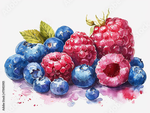lamponi e mirtilli in stile acquerello su sfondo bianco scontornabile, frutta estiva, 