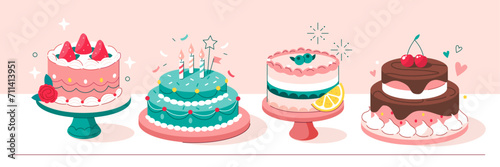 Birthday cakes set. Desserts variations with cream  chocolate  candles. Home made biscuit cake  bakery and pastry concept. Vector illustration. 