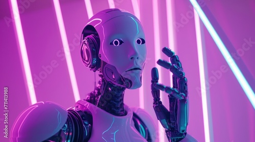 Create images of a THOUGHTFUL robot making signs with its thinking hands, looking up and in the background of an elegant room and looking in front of the camera lens, purple with neon light blue