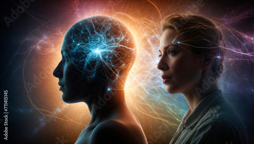 Telepathic communication. Mind power control by thought photo