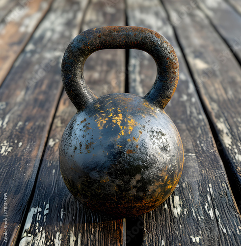 Old used kettlebell on the wooden floor. Sporting goods for athletes.