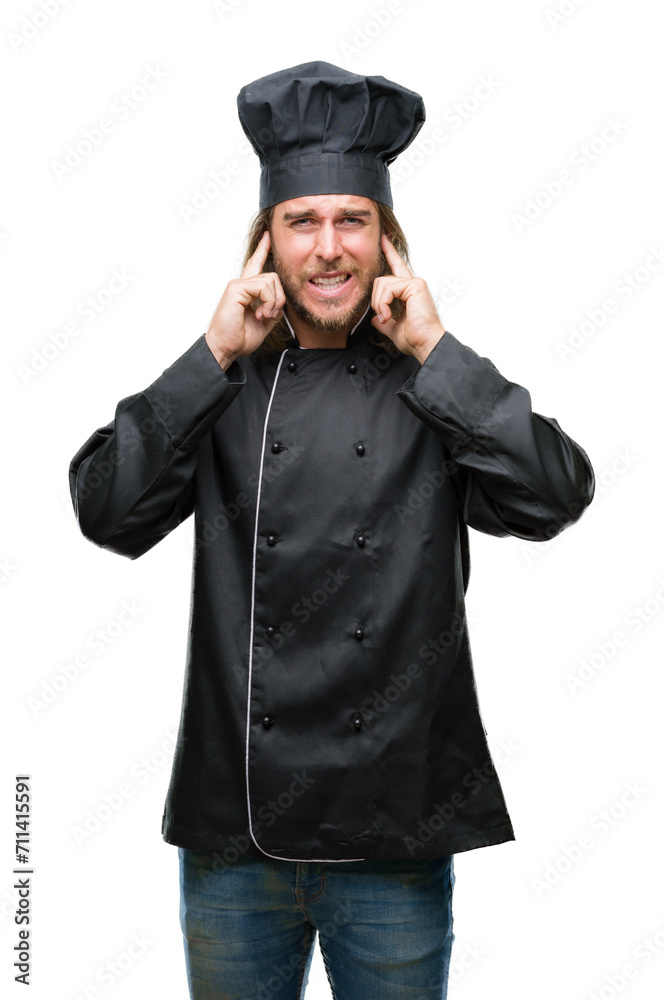 Young handsome cook man with long hair over isolated background covering ears with fingers with annoyed expression for the noise of loud music. Deaf concept. Young handsome cook man with long hair over isolated background covering ears with fingers with annoyed expression for the noise of loud music. Deaf concept.
