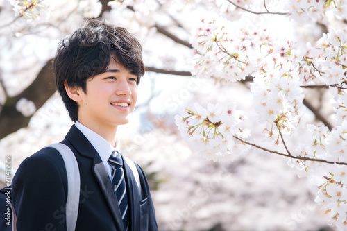 桜並木と新入生 入学卒業新生活イメージ 男性