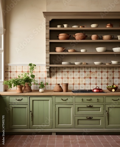 Kitchen dining room country style, rustic style in the interior, French classic, green kitchen, wooden countertop, ceramic tile floor © shustrilka