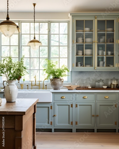 Kitchen dining room country style, rustic style in the interior, French classic, green kitchen, wooden countertop, ceramic tile floor