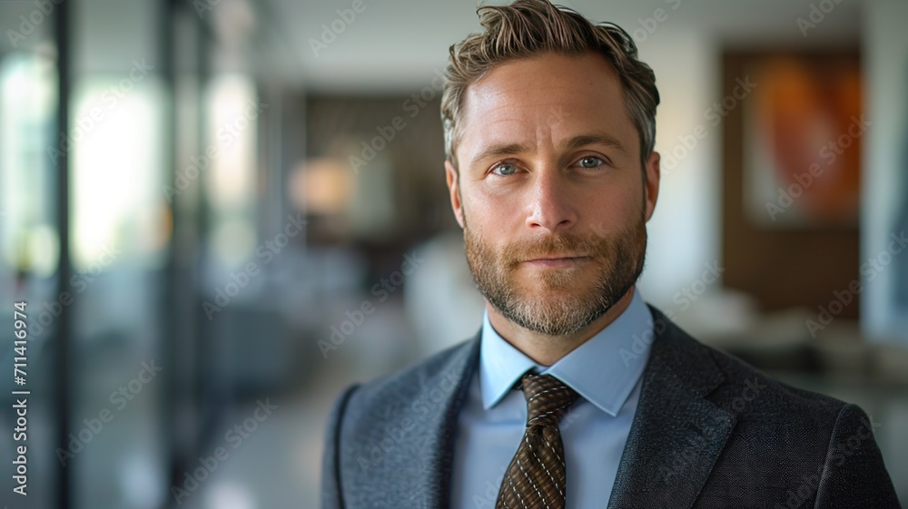 Happy proud mid aged mature professional business man ceo executive wearing suit standing in office arms crossed looking away thinking of success, leadership, corporate growth concept. Happy proud mid aged mature professional business man ceo executive wearing suit standing in office arms crossed looking away thinking of success, leadership, corporate growth concept.