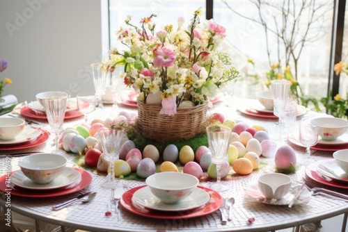 Easter eggs are beautifully decorated on the festive table