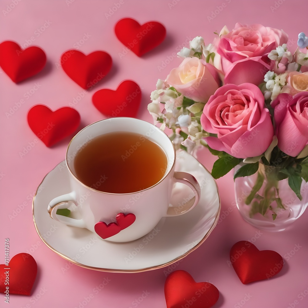 Cup of tea with toy heart and flowers. Valentine background Cup of tea with toy heart and flowers. Valentine background