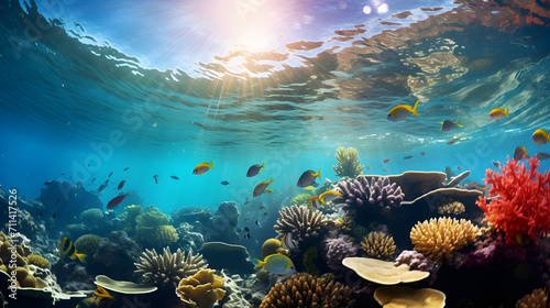 beautiful underwater scenery with various types of fish and coral reefs,Underwater view ecosystem. Marine life in tropical waters © microtech