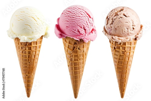 3 Ice cream flavors with cone on white background clipped