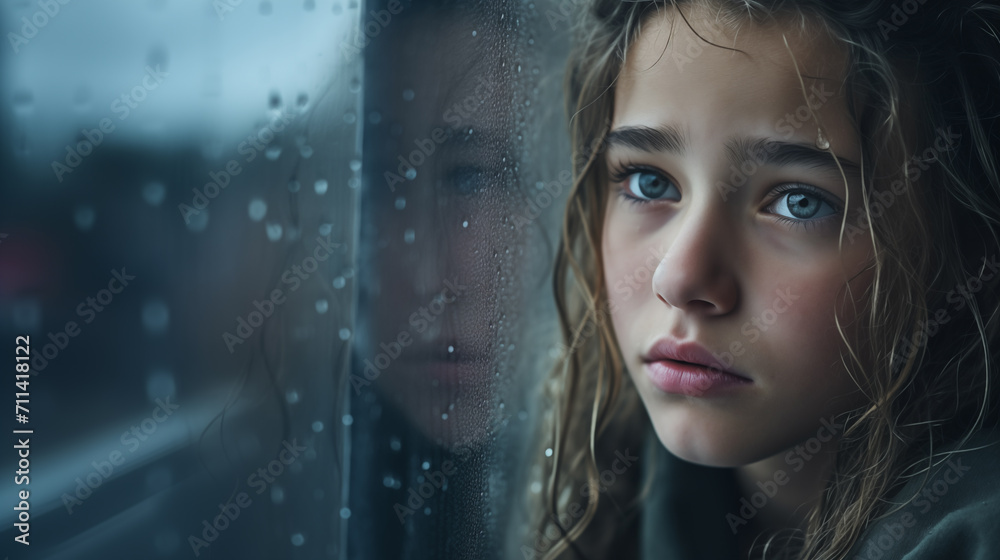 Menina triste olhando pela janela em um dia chuvoso. remete a tristeza e depressão. - Papel de parede