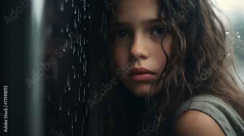 Menina triste olhando pela janela em um dia chuvoso. remete a tristeza e depressão. - Papel de parede photo