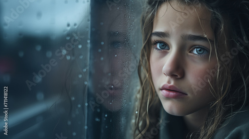 Menina triste olhando pela janela em um dia chuvoso. remete a tristeza e depressão. - Papel de parede photo