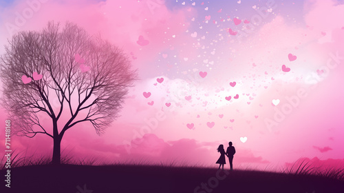 Paisagem um casal apaixonado com árvores em formato de coração rosa e céu cor de rosa com corações © vitor