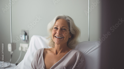 linda mulher de 61 anos deitada em uma cama de hospital sorrindo 