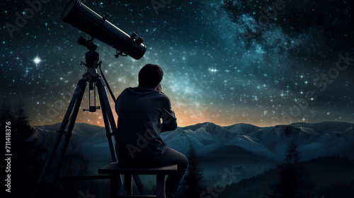 homem olhando para as estrelas ao lado de um binóculo astronômico photo