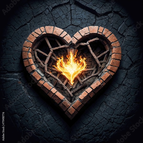 heart shape made of wood and rock is on fire, with flames consuming it. The background is a dark concrete wall. photo