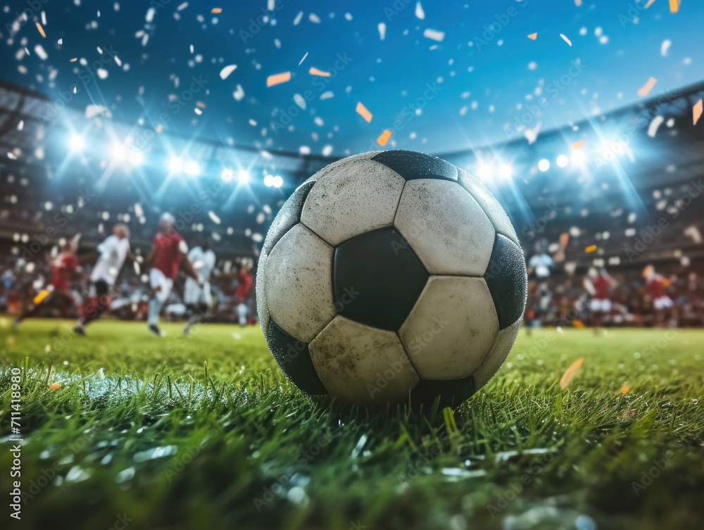 Fototapeta premium Low angle shot from soccer ball in a big stadion at night, celebration in the background 