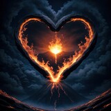heart shape made of wood and rock is on fire, with the background is a dark concrete wall. Saint Valentine day