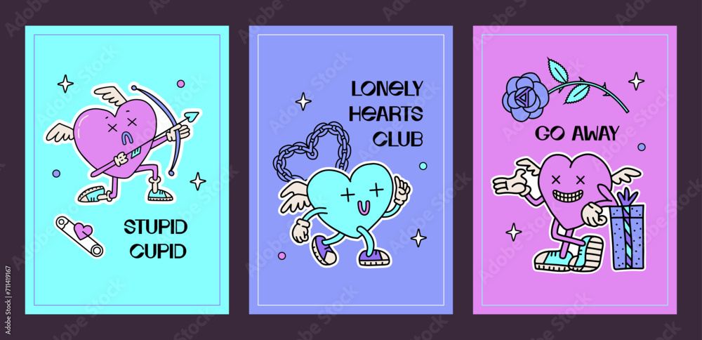 Trendy y2k anti valentines day greeting cards set. 2000s anti love 4a banners with vintage cartoon lonely hearts characters. Trendy neon vector illustration with funny text.