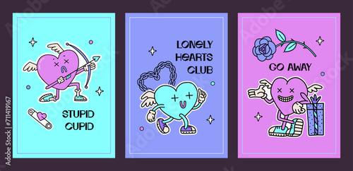 Trendy y2k anti valentines day greeting cards set. 2000s anti love 4a banners with vintage cartoon lonely hearts characters. Trendy neon vector illustration with funny text. photo