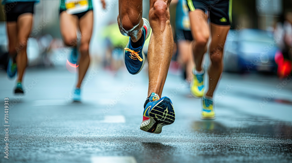 runners on race, Close-up of the legs of an athlete running a marathon - obrazy, fototapety, plakaty 
