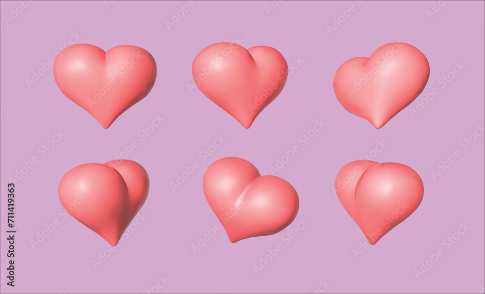 heart vector 3d illustration. soft lilac heart set isolated vector 3d illustration. Valentine's day rose pink and red gradient hearts set.