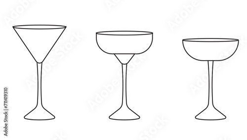 Set of various glasses for alcohol and non alcohol drinks in outline style on white background for icons, posters, patterns, webs, apps, wrapping