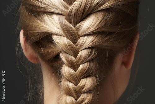 Close up of french braid plaited hairstyle of blond woman
