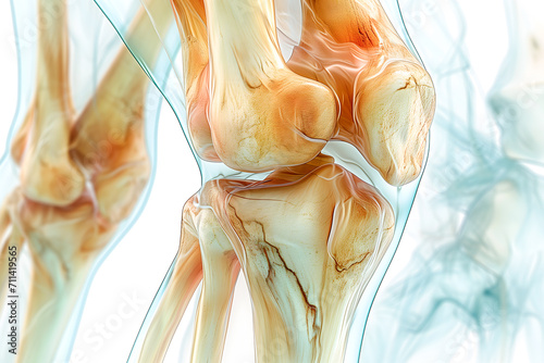 Knee Bones Muscles And Joints Detailed Scheme On White Background Isolated Closeup, Examine And Cure Leg Problems, Anatomy Encyclopedia