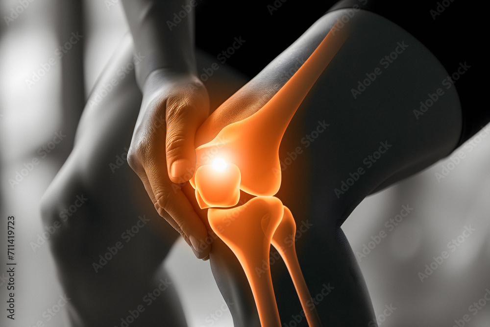 Close-up Of A Man Knee With A Pain Point Knee Joint Pain Examine And Exercise To Reduce Pain - obrazy, fototapety, plakaty 