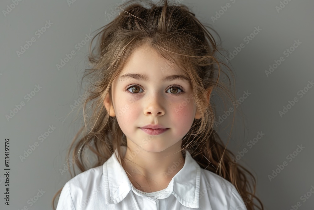 A 5 year old cheerful girl in a white school uniform, passport photography A 5 year old cheerful girl in a white school uniform, passport photography