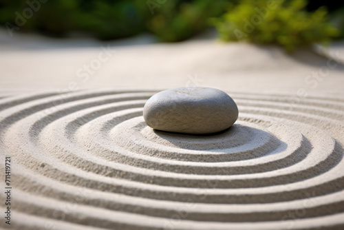 Stone in Zen garden surrounded by circles