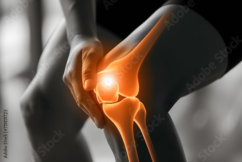 Close-up Of A Man Knee With A Pain Point Knee Joint Pain Examine And Exercise To Reduce Pain photo
