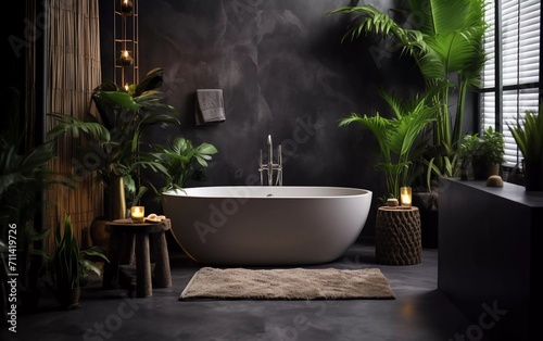 realistic photo Stylish bathroom interior with modern ceramic tub and ornamental plants  in dark colors. generative ai